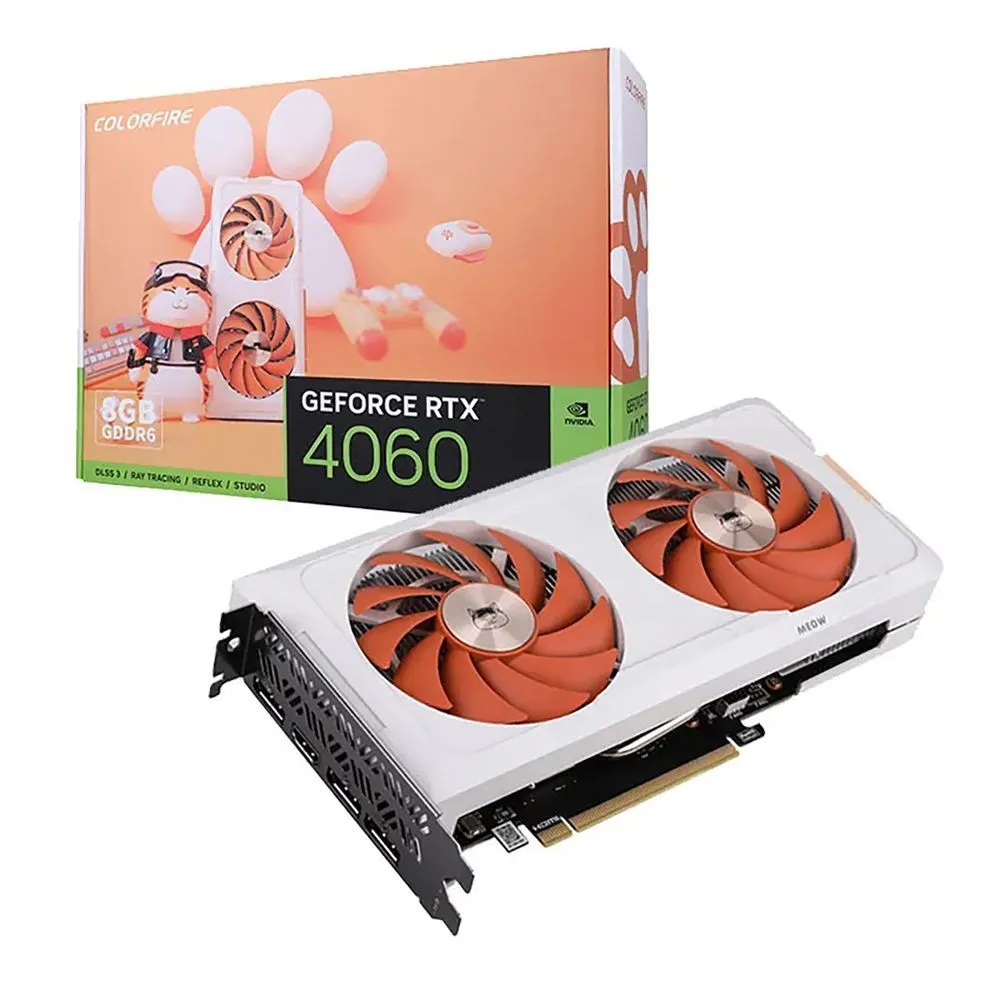 Видеокарта Colorful NVIDIA GeForce RTX 4060 MEOW-ORG 8GB-V, 8Gb DDR6, 128 бит, PCI-E, HDMI, 3DP, Retail (RTX 4060 MEOW-ORG 8GB-V)