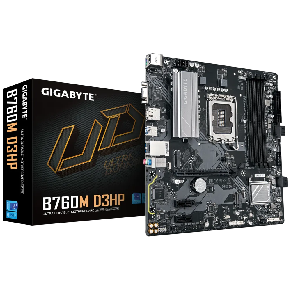 Материнская плата GIGABYTE B760M D3HP, Socket1700, Intel B760, 4xDDR5 DIMM, PCI-Ex16, 4SATA3, 7.1-ch, GLAN, 5 USB 3.2, 1 USB Type-C, VGA, HDMI, DP, mATX, Retail