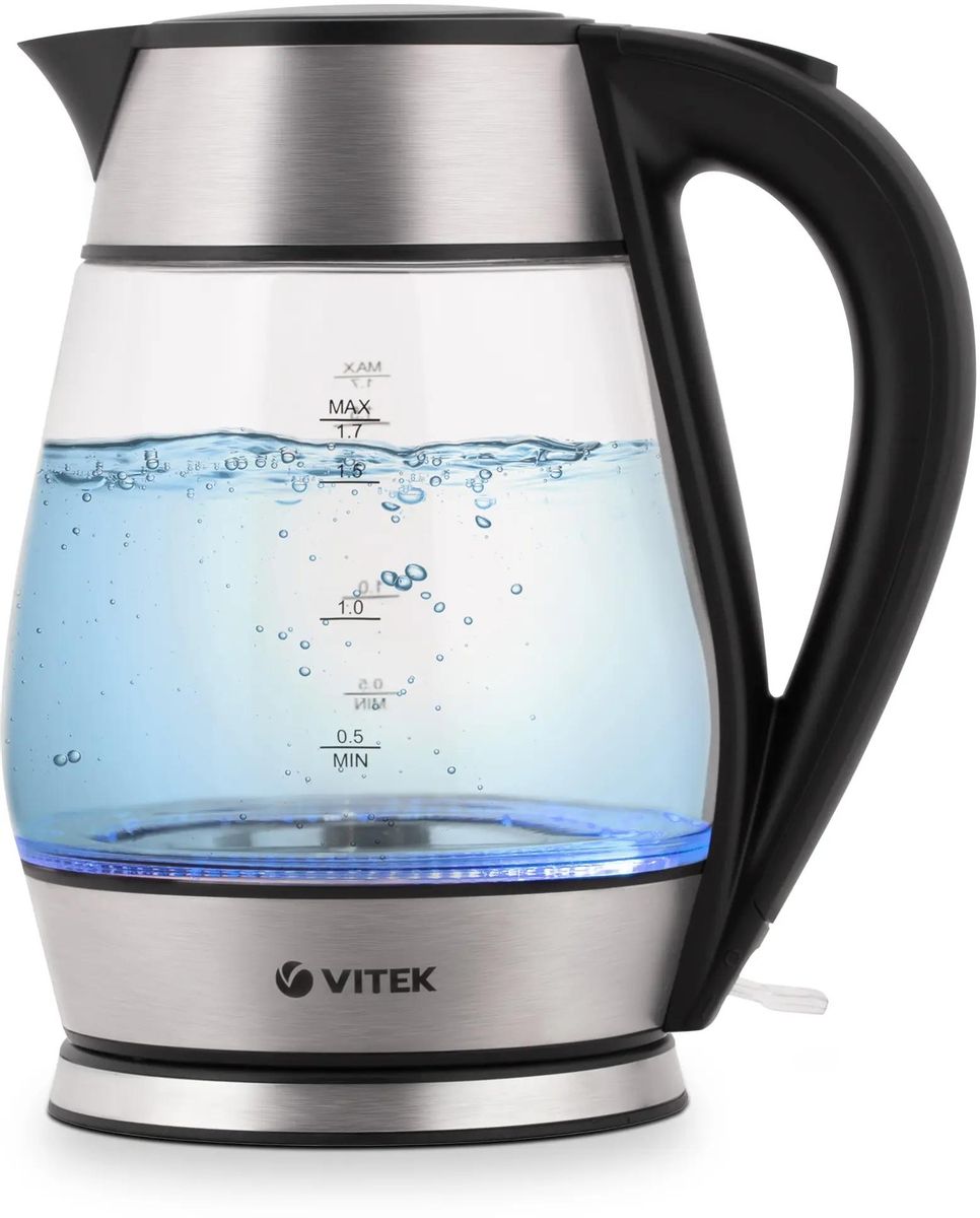 Чайник электрический VITEK VT-7037 1.8л. 2.2 кВт, пластик/металл/стекло, черный/прозрачный (VT-7037)
