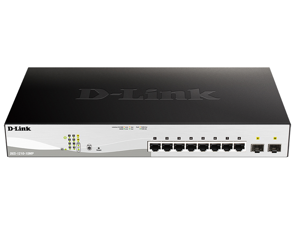 Коммутатор D-Link DGS-1210-10MP/FL, управляемый, кол-во портов: 8x1 Гбит/с, кол-во SFP/uplink: SFP 2x1 Гбит/с, установка в стойку, PoE: 8x30 Вт (макс. 130 Вт) (DGS-1210-10MP FL2A)