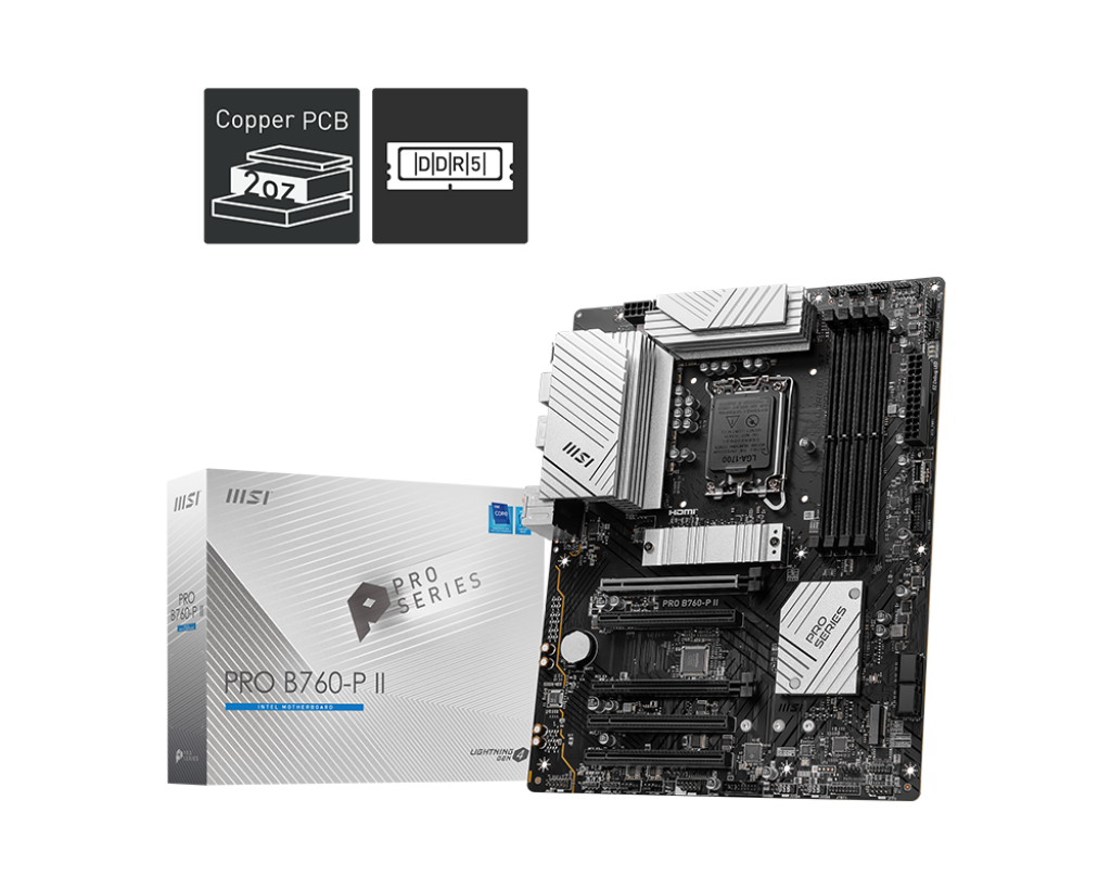 Материнская плата MSI PRO B760-P II, Socket1700, Intel B760, 4xDDR5 DIMM, 2PCI-Ex16, 4SATA3, 7.1-ch, 2.5GLAN, 6 USB 3.2, 2 USB Type-C, HDMI, DP, ATX, Retail