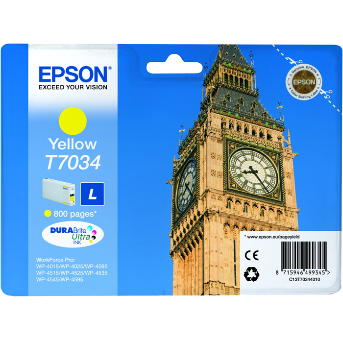 Картридж струйный Epson T7034 (C13T70344010), желтый, оригинальный, ресурс 800 страниц, для Epson WorkForce Pro WP-4015DN / WP-4025DW / WP-4095DN / WP-4515DN / WP-4525DNF / WP-4535DWF / WP-4595DNF