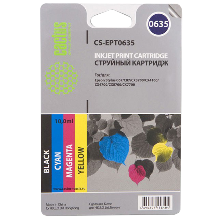 Комплект картриджей струйный Cactus CS-EPT0635 (C13T06354A10), черный/голубой/пурпурный/желтый, совместимый, 10мл, для Epson Stylus C67 / C87 / CX3700 / CX4100 / CX4700