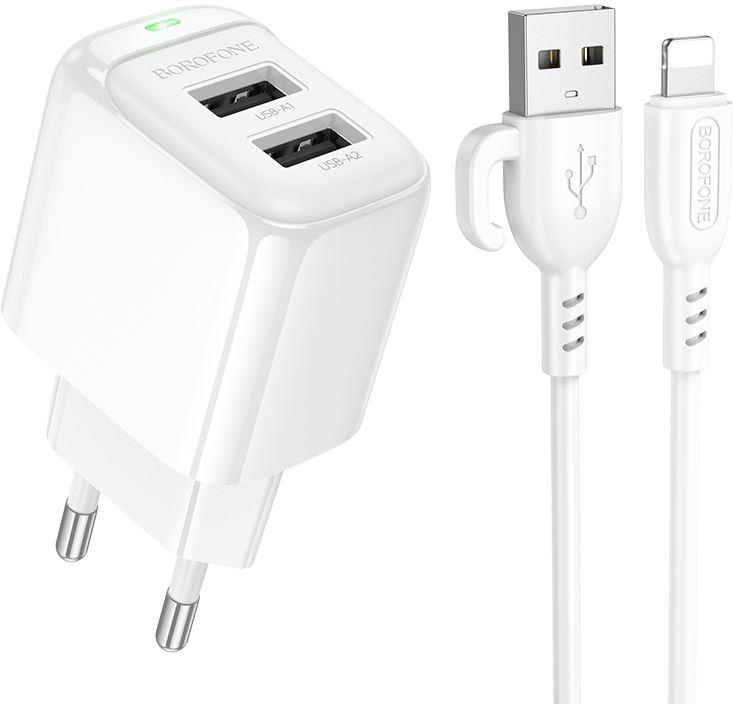 Сетевое зарядное устройство Borofone Potential BAS41A 12 Вт, 2xUSB, EU, белый (6941991113758), кабель USB Type A/Lightning
