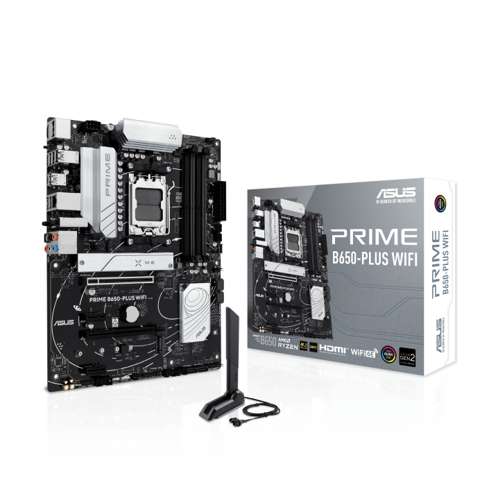 Материнская плата ASUS PRIME B650-PLUS WIFI, AM5, AMD B650, 4xDDR5 DIMM, 2PCI-Ex16, 4SATA3, 7.1-ch, 2.5GLAN, 9 USB 3.2, 2 USB Type-C, HDMI, DP, ATX, Retail