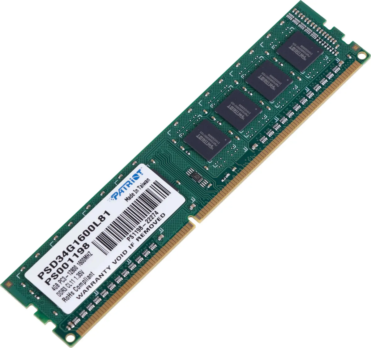 Память DDR3L DIMM 4Gb, 1600MHz, CL11, 1.35 В, Patriot Memory, Signature (PSD34G1600L81)