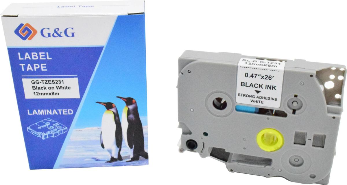 Кассета с лентой G&G TZES231, 1.2 см x 8 м, черный на белом, совместимая (GG-TZES231)