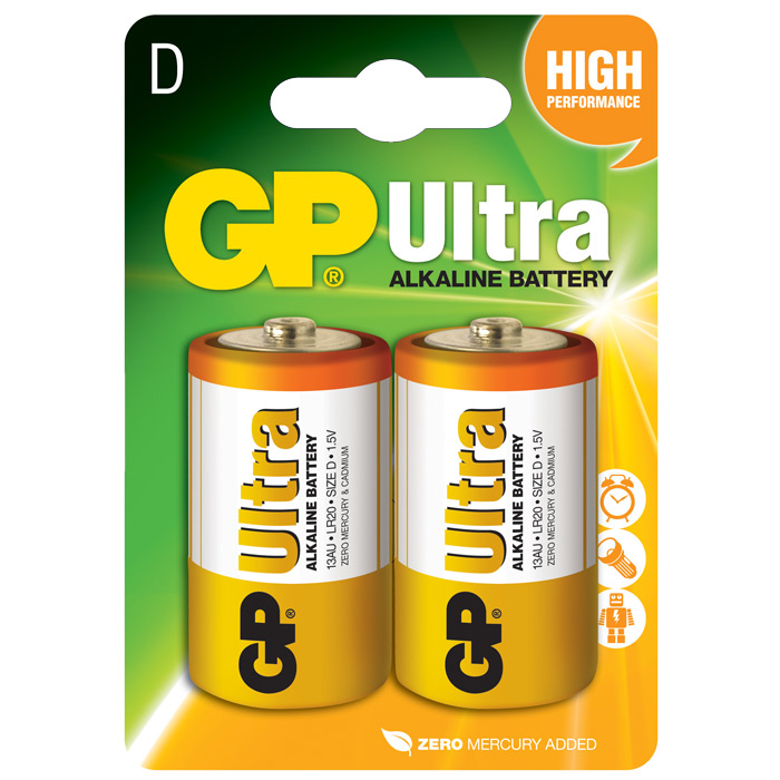 Батарея GP ULTRA, D (LR20/13А), 1.5V, 2шт. (13AU-CR2)