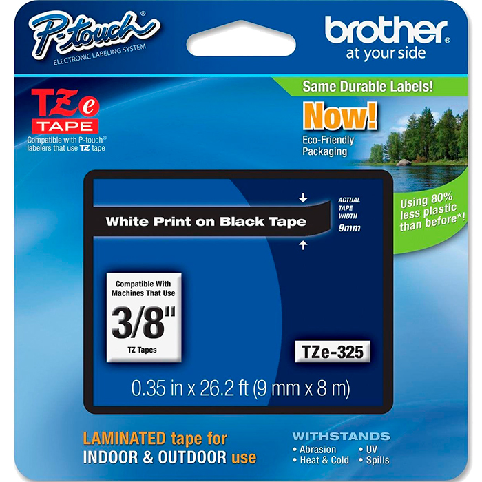 Кассета с наклейками Brother TZE325, 9 мм x 8 м, белый на черном, оригинальная