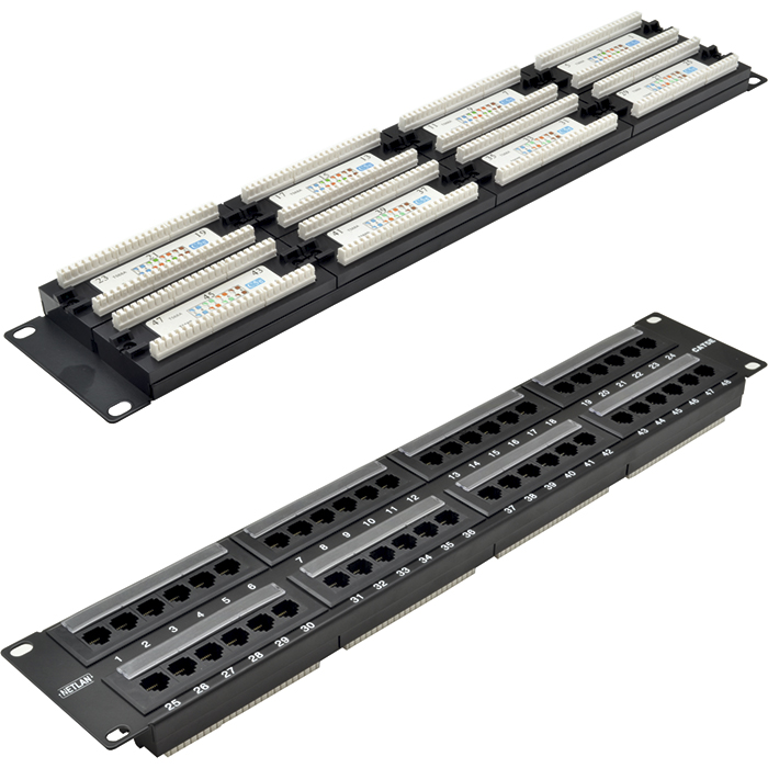 Патч-панель в шкаф 19 2U, порты: 48 x RJ-45 кат. 5e, черный, EC-URP-48-UD2, NETLAN (EC-URP-48-UD2)