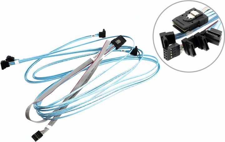 Серверные кабели, шлейфы Кабель SuperMicro CBL-0388L, SFF-8087 (mini SAS) - 4xSATA+SB, 70/70/90/90, 70 см, белый (CBL-0388L)