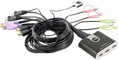 Переключатель KVM ATEN CS692 2-port USB HDMI Switch (клавиатура USB+мышь USB+HDMI+Audio+Mic, проводной ПДУ, кабели несъемные)