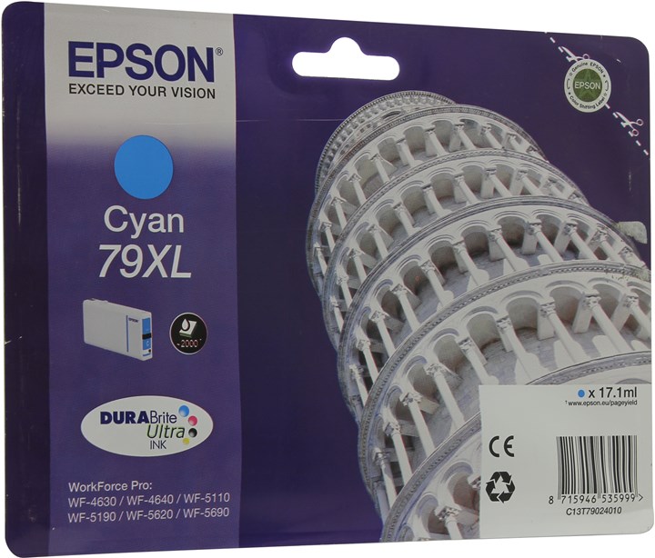 Картридж струйный Epson T7902 (C13T79024010), голубой, оригинальный, ресурс 2000 страниц, для Epson WorkForce Pro WF-5110DW / WF-5620DWF