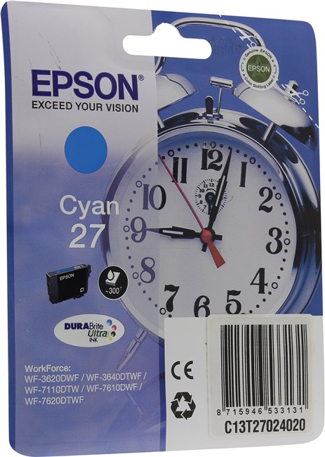 Картридж струйный Epson 27 (C13T27024020), голубой, оригинальный, ресурс 300 страниц, для Epson WorkForce WF-3620DWF / WF-3640DWF / WF-7110DTW / WF-7610DWF / WF-7620DTWF