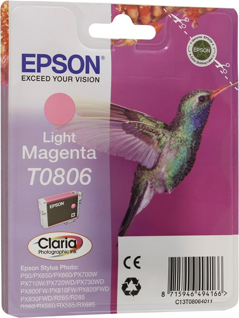 Картридж струйный Epson T0806 (C13T08064010/C13T08064011/C13T08064021), светло-пурпурный, оригинальный, ресурс 620 страниц, для Epson Stylus Photo P50 / PX660 / PX660+ / PX720WD / PX730WD / PX820FWD / PX830FWD