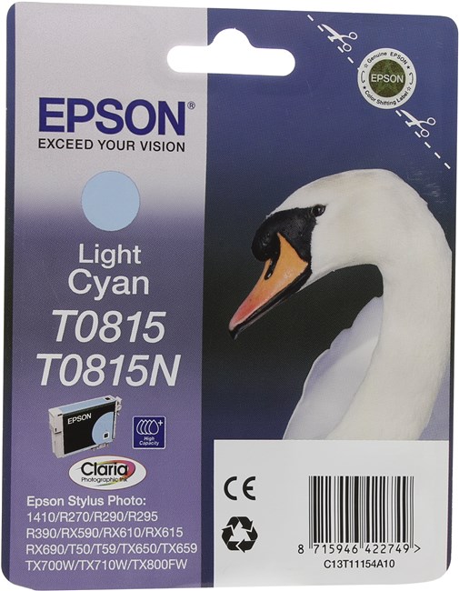 Картриджи струйные оригинальные Картридж струйный Epson T0815 (C13T11154A10/C13T08154A10), светло-голубой, оригинальный, ресурс 680 страниц, для Epson Stylus Photo 1410 / R290 / R295 / RX610 / RX615 / RX690 / T50 / T59 / TX659 / TX800FW