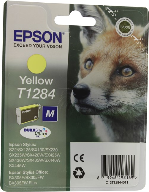 Картридж струйный Epson T1284 (C13T12844012), желтый, оригинальный, объем 3.5мл, ресурс 270 страниц, для Epson Stylus S22 / SX125 / SX130 / SX230 / SX235W / SX420W / SX425W / SX430W / SX435W / SX440W / SX445W / Office BX305F