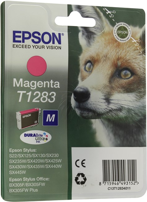 Картридж струйный Epson T1283 (C13T12834010/C13T12834011/C13T12834021), пурпурный, оригинальный, ресурс 270 страниц, для Epson Stylus S22 / SX125 / SX130 / SX230 / SX235W / SX420W / SX425W / SX430W / SX435W / SX440W / SX445W / Office BX305F