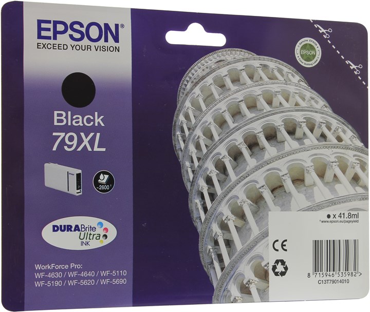 Картридж струйный Epson T7901 (C13T79014010), черный, оригинальный, ресурс 2600 страниц, для Epson WorkForce Pro WF-5110DW / WF-5620DWF