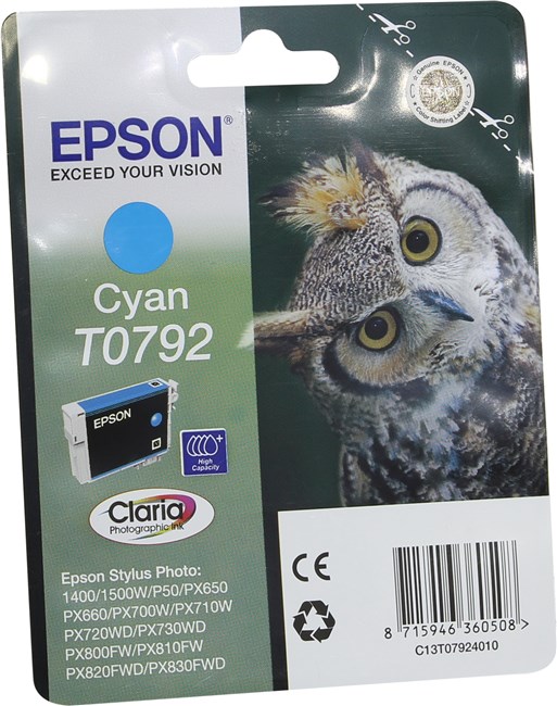 Картридж струйный Epson T0792 (C13T07924010), голубой, оригинальный, ресурс 1300 страниц для Epson Epson P50/PX660/PX820/PX830