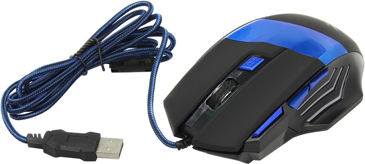   E2E4 Мышь проводная Oklick 775G, 2400dpi, оптическая светодиодная, USB, черный/синий