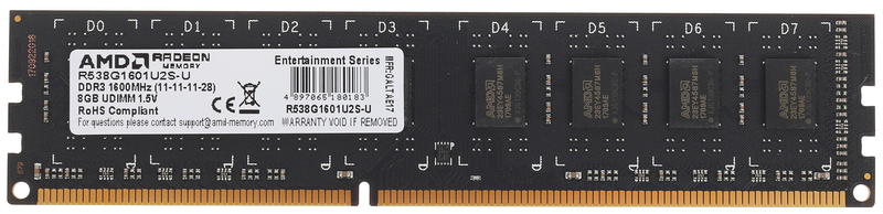 Память DDR3 DIMM 8Gb, 1600MHz, CL11, 1.5 В, AMD, R5 Entertainment (R538G1601U2S-U)