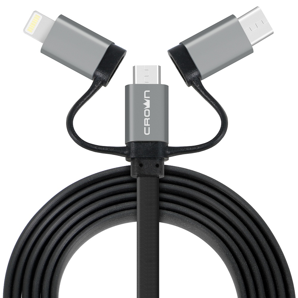 Кабель USB2.0-microUSB/USB Type-C/Lightning, Crown, плоский, в оплетке ПВХ, коннекторы метал, 2А, 1м, черный (CMCU-3182)