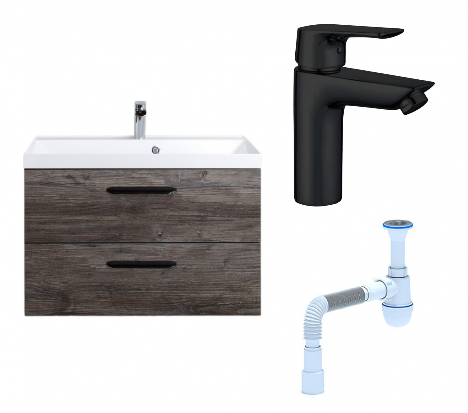 Комплект: Тумба с раковиной BelBagno Aurora 80 pino pasadena + Смеситель Aquanet Static AF330-10B черный + Сифон АниПласт 130064+AF330-10B+C2015xrv