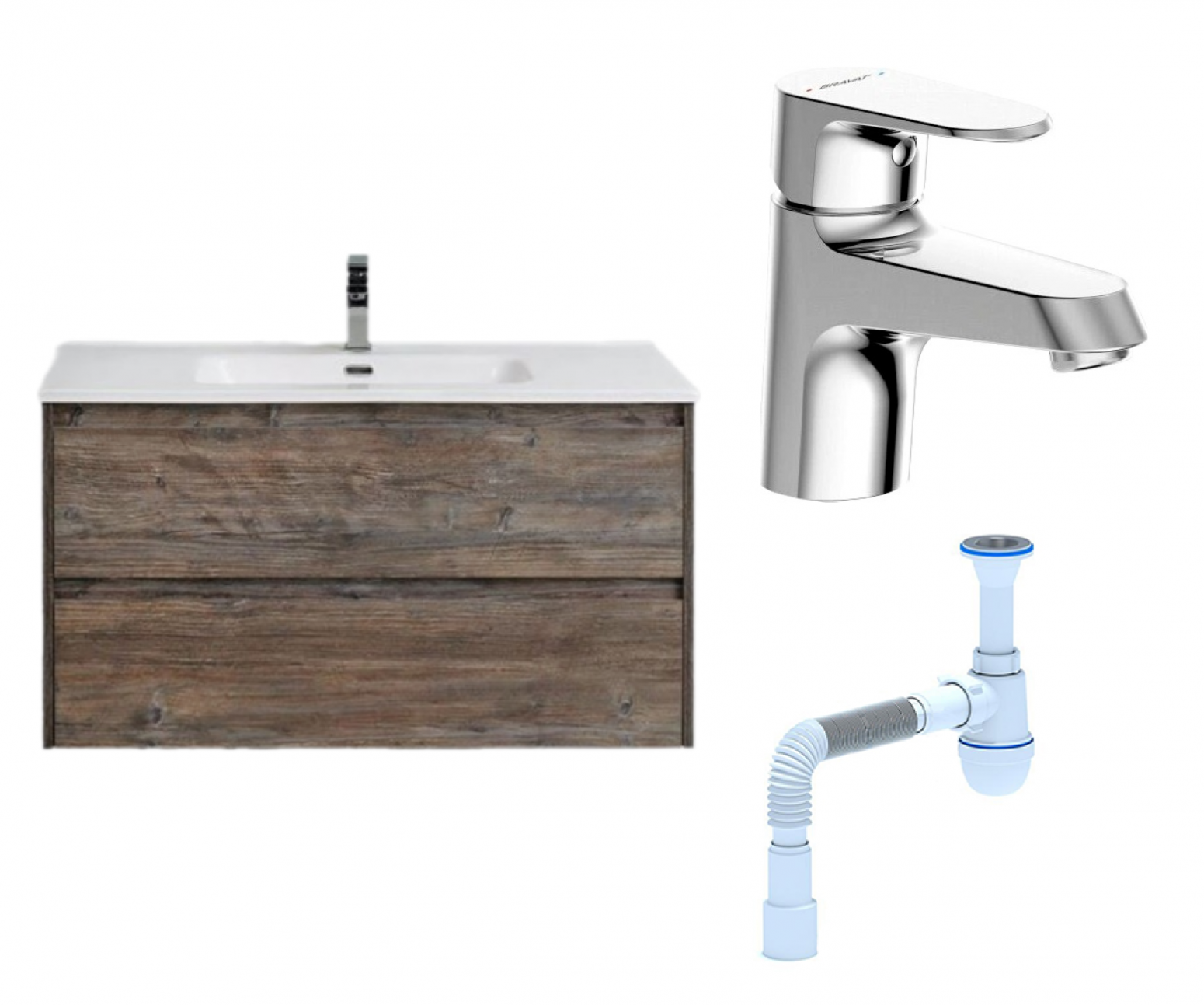 Комплект: Тумба с раковиной BelBagno Kraft 100 pino pasadena + Смеситель Bravat Alfa F1120178CP хром + Сифон АниПласт 130080+F1120178CP+C2015xrv