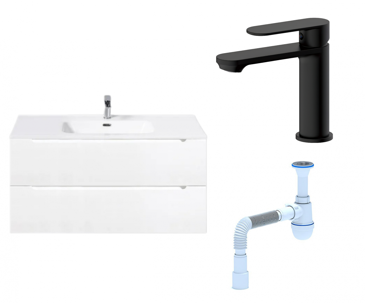 Комплект: Тумба с раковиной BelBagno Etna 100 bianco lucido + Смеситель Haiba HB10590-7 черный + Сифон АниПласт 131258+HB10590-7+C2015xrv