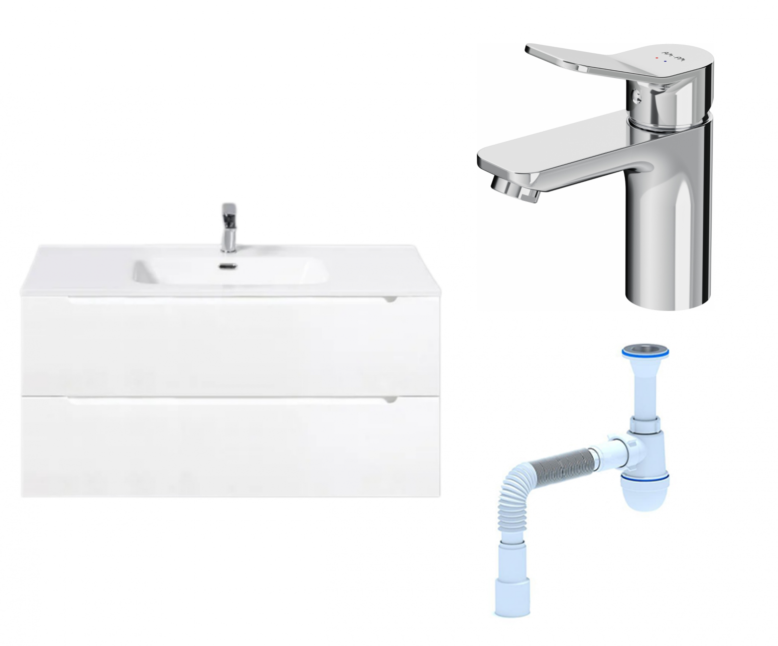 Комплект: Тумба с раковиной BelBagno Etna 100 bianco lucido + Смеситель Am.Pm X-Joy F85A02100 хром + Сифон АниПласт 131258+F85A02100+C2015xrv