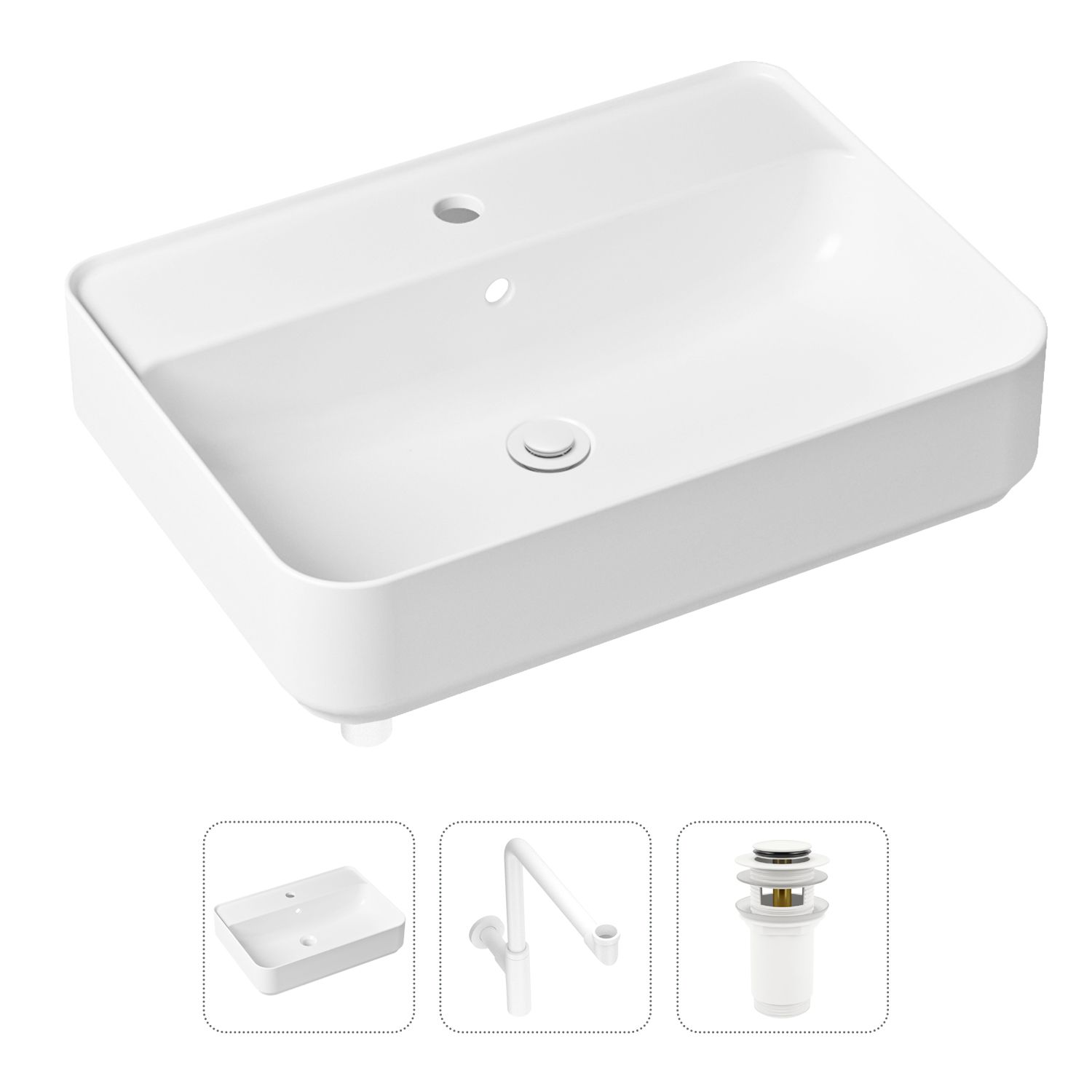 Комплект 3 в 1 Lavinia Boho Bathroom Sink 21520377: накладная фарфоровая раковина 60 см, металлический сифон, донный клапан