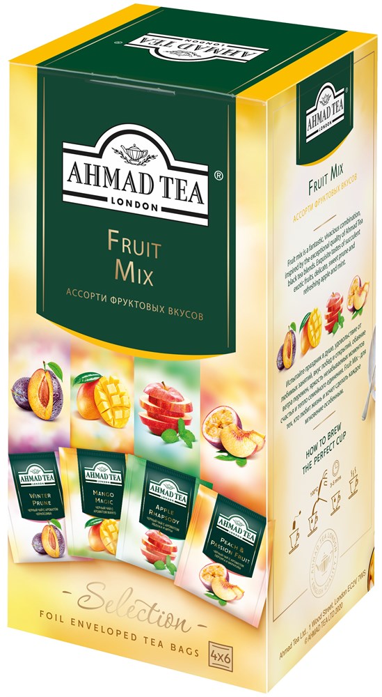 Пакетированный чай Чайное ассорти Ahmad Tea Фруктовый Микс, пакетики в индивидуальных конвертах, 4 вкуса (24 пакетика) Упаковка - 12 шт.