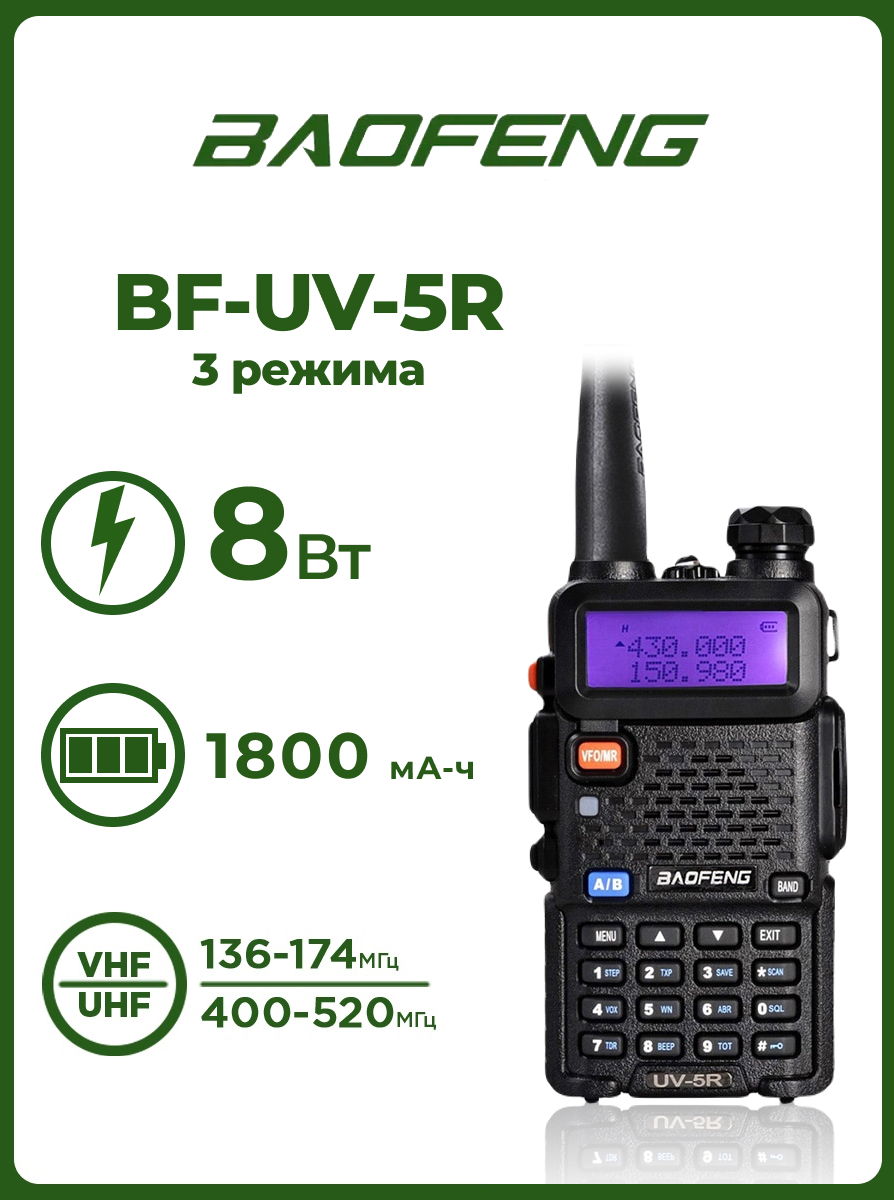   Somebox Радиостанция Baofeng UV-5R (8W) 3 режима работы (2 шт. в комлекте) (Черный)