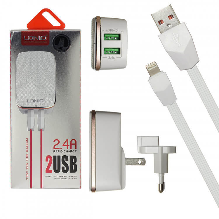 Комплект ЗУ (кабель Lightning 1м + адаптер на 2 USB 2.4A) LDNIO A2204 (Белый)