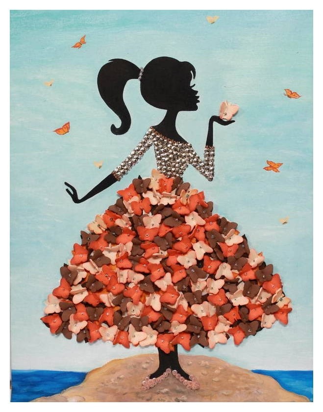 Мозаика из пайеток на холсте Девочка с бабочками