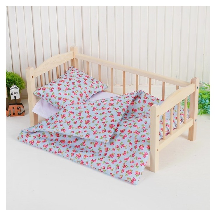 Кукольное постельное Земляничка на голубом: простыня 46х36, одеяло 46х36, подушка 23х17