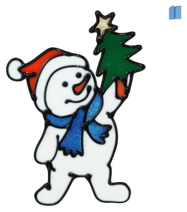 Наклейка на стекло Снеговик в синем шарфе с ёлкой 10х15 см