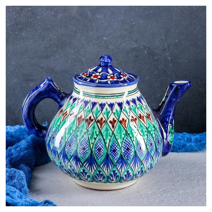 Чайник «Риштан», сине-зелёный орнамент, 1.6 л