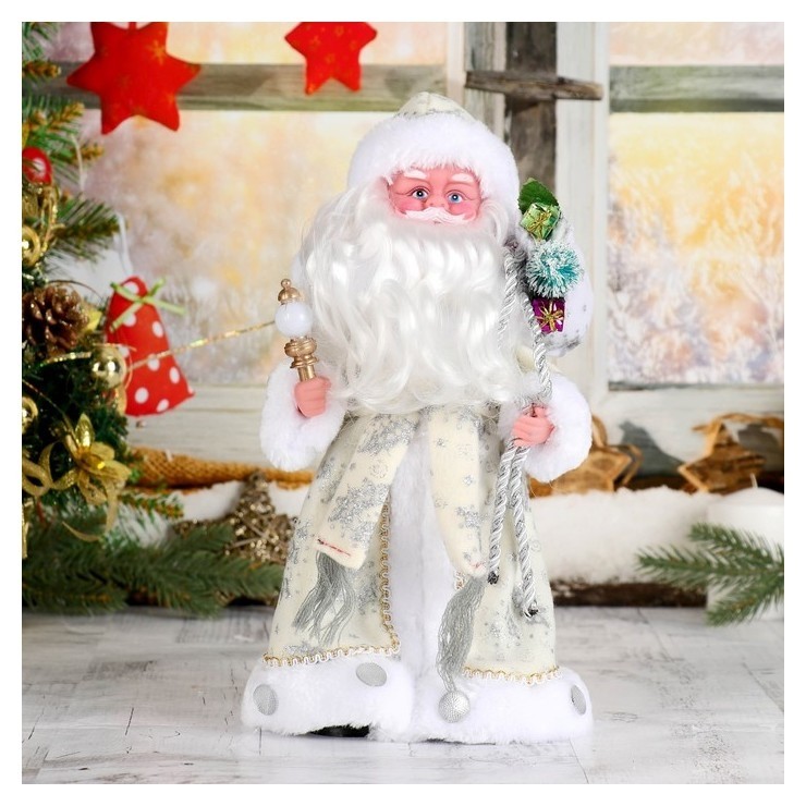 Подарки на Новый год  Белорис Дед мороз В белой шубке с подарками, 30 см, двигается, с подсветкой