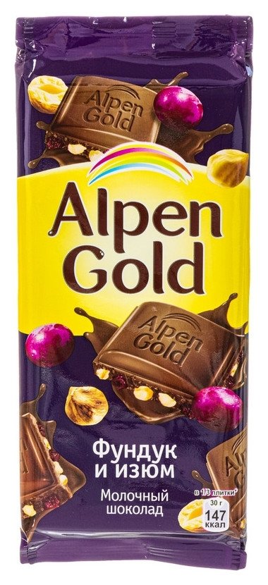 Шоколад Alpen Gold плитка молочн. с фунд и изюмом, 85г