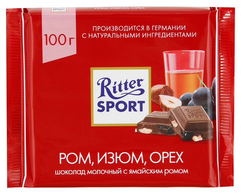 Шоколад Ritter Sport молочный ром, орех, изюм 100г