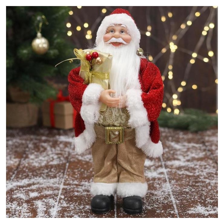 Подарки на Новый год  Белорис Дед мороз В золотисто-красном костюме, с ремешком, с подарками 15х30 см