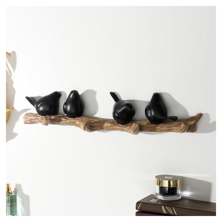 Крючки декоративные полистоун Четыре птички на ветке чёрные 10,5х6х45 см