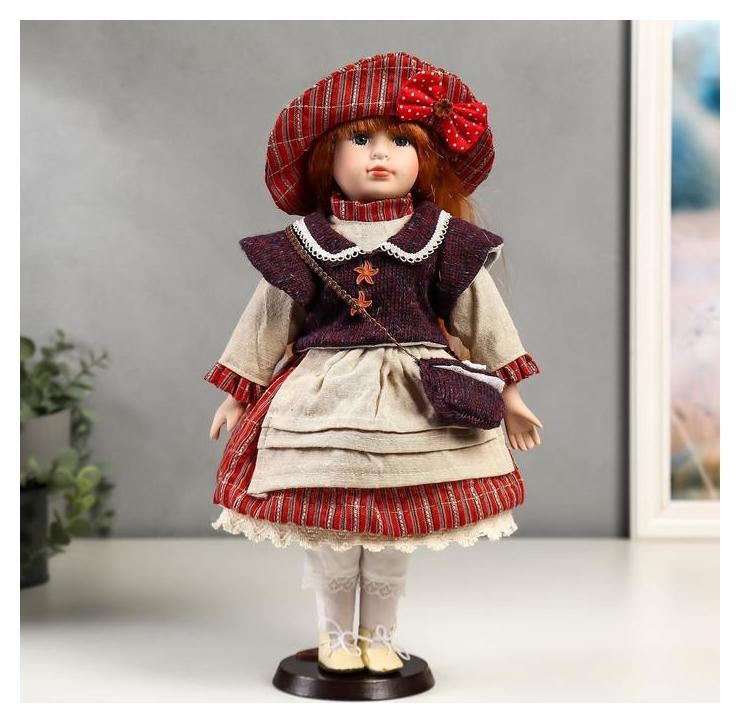 Кукла коллекционная керамика Ульяна в полосатом платье с передником 40 см