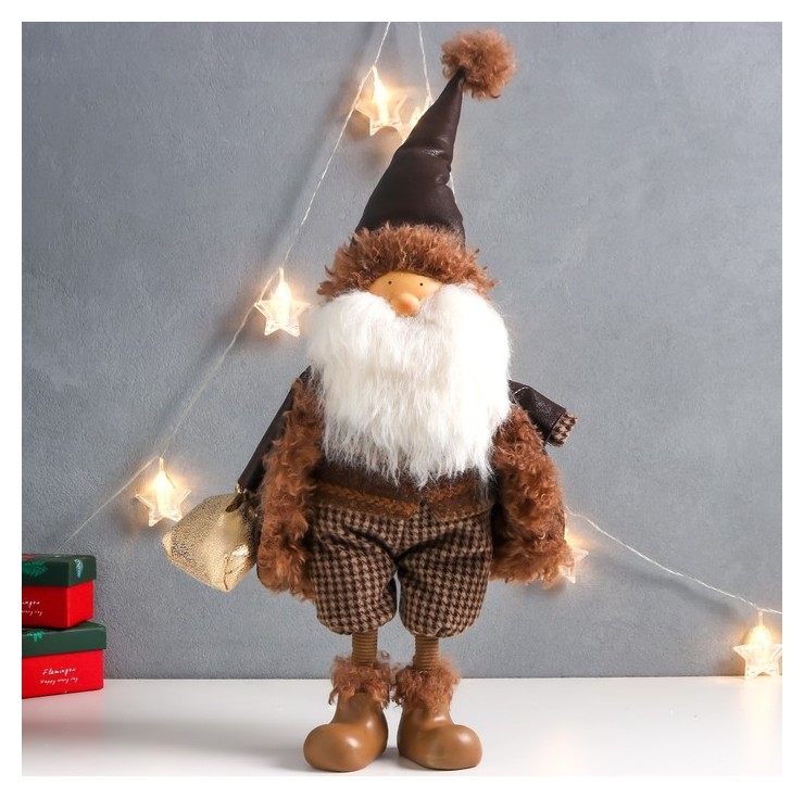 Кукла интерьерная Дед мороз в коричневой шубке с мешком подарков 27х14х62 см