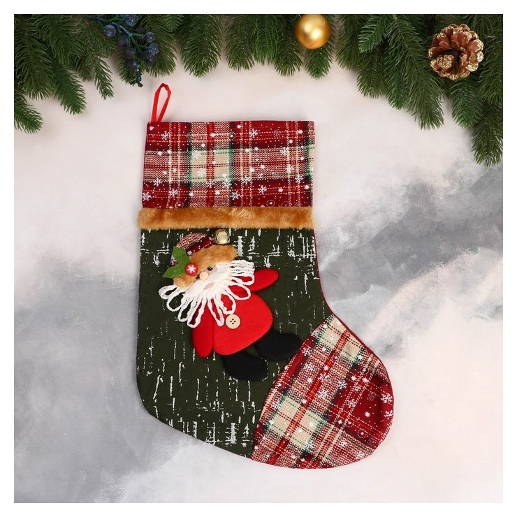 Носок для подарков Дед мороз, клетка 26х36 см, красно-зелёный