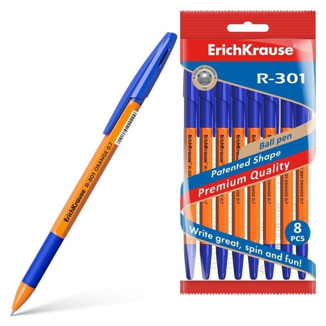 Набор ручек шариковых Erichkrause R-301 Orange Stick&grip, 8 штук, узел 0.7 мм, цвет чернил синий, резиновый упор, корпус оранжевый