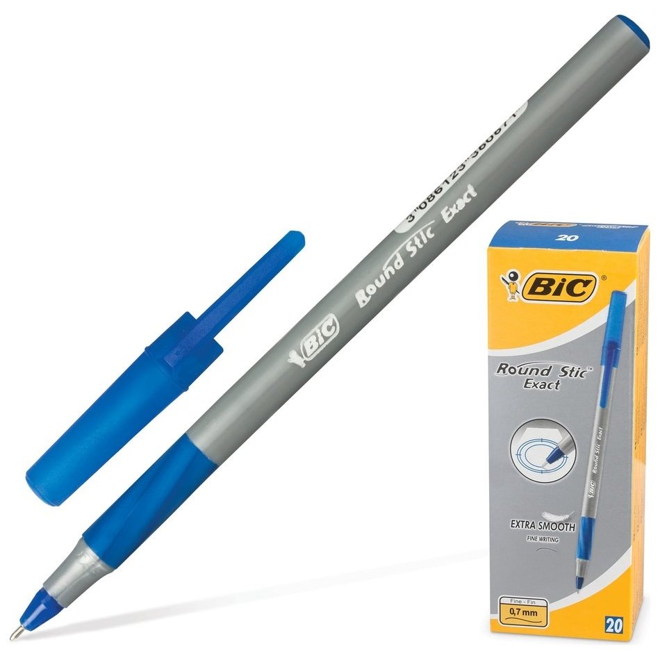 Ручка шариковая с грипом Bic Round Stic Exact, синяя, корпус серый, узел 0,8 мм, линия письма 0,3 мм