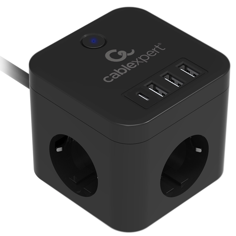  Сетевой фильтр Gembird Cablexpert Cube 3 Sockets 1xType-C PD 3xUSB 1.5m Black CUBE-3-CU3-B-1.5